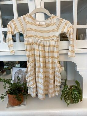 Kids Long-Sleeve Striped Pocket Dress - Cream & Mustard